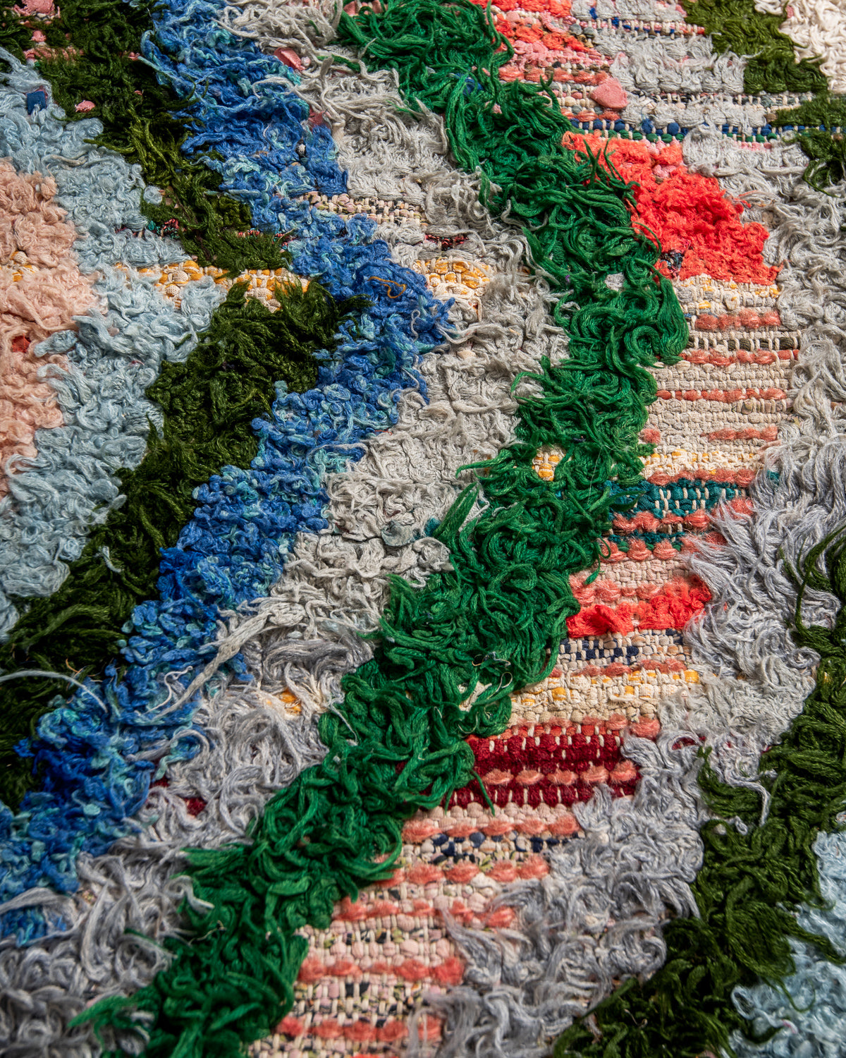 Modern, designer, handcrafted Berber rug from Morocco. Vintage carpet with beautiful colours and patterns and fluffy texture.